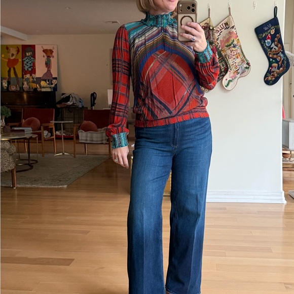 Blank London Size Small Multicolor Plaid Red Blue Mock Neck Women's Blouse Top - Picture 3 of 12